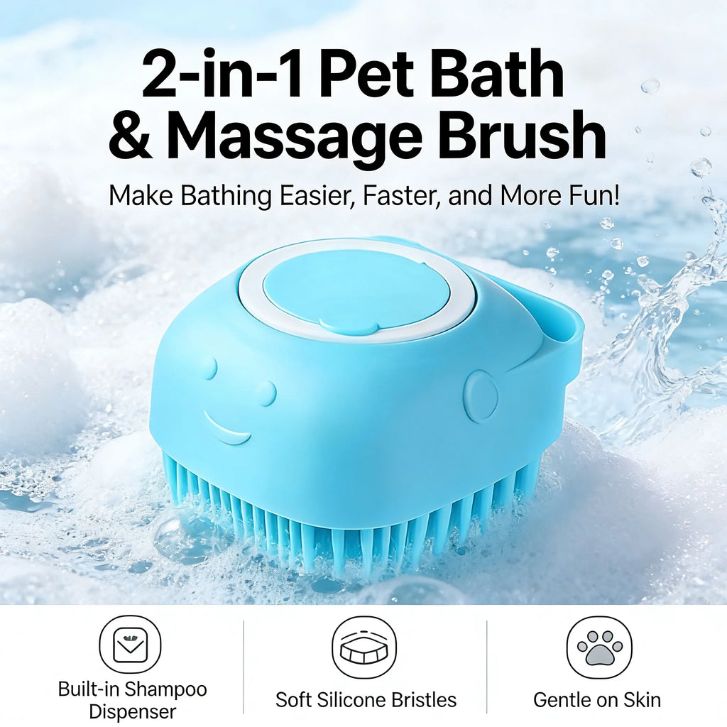 2-in-1 Pet Bath & Massage Brush – Silicone Grooming Tool with Shampoo Dispenser for Dogs & Cats
