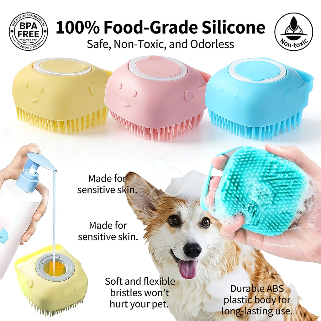 2-in-1 Pet Bath & Massage Brush – Silicone Grooming Tool with Shampoo Dispenser for Dogs & Cats