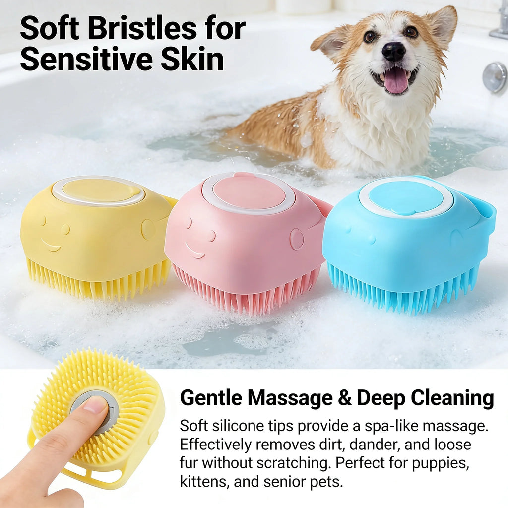 2-in-1 Pet Bath & Massage Brush – Silicone Grooming Tool with Shampoo Dispenser for Dogs & Cats