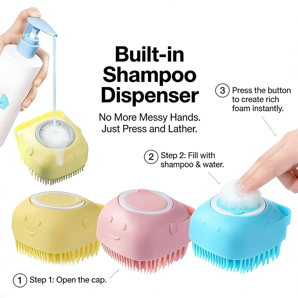 2-in-1 Pet Bath & Massage Brush – Silicone Grooming Tool with Shampoo Dispenser for Dogs & Cats