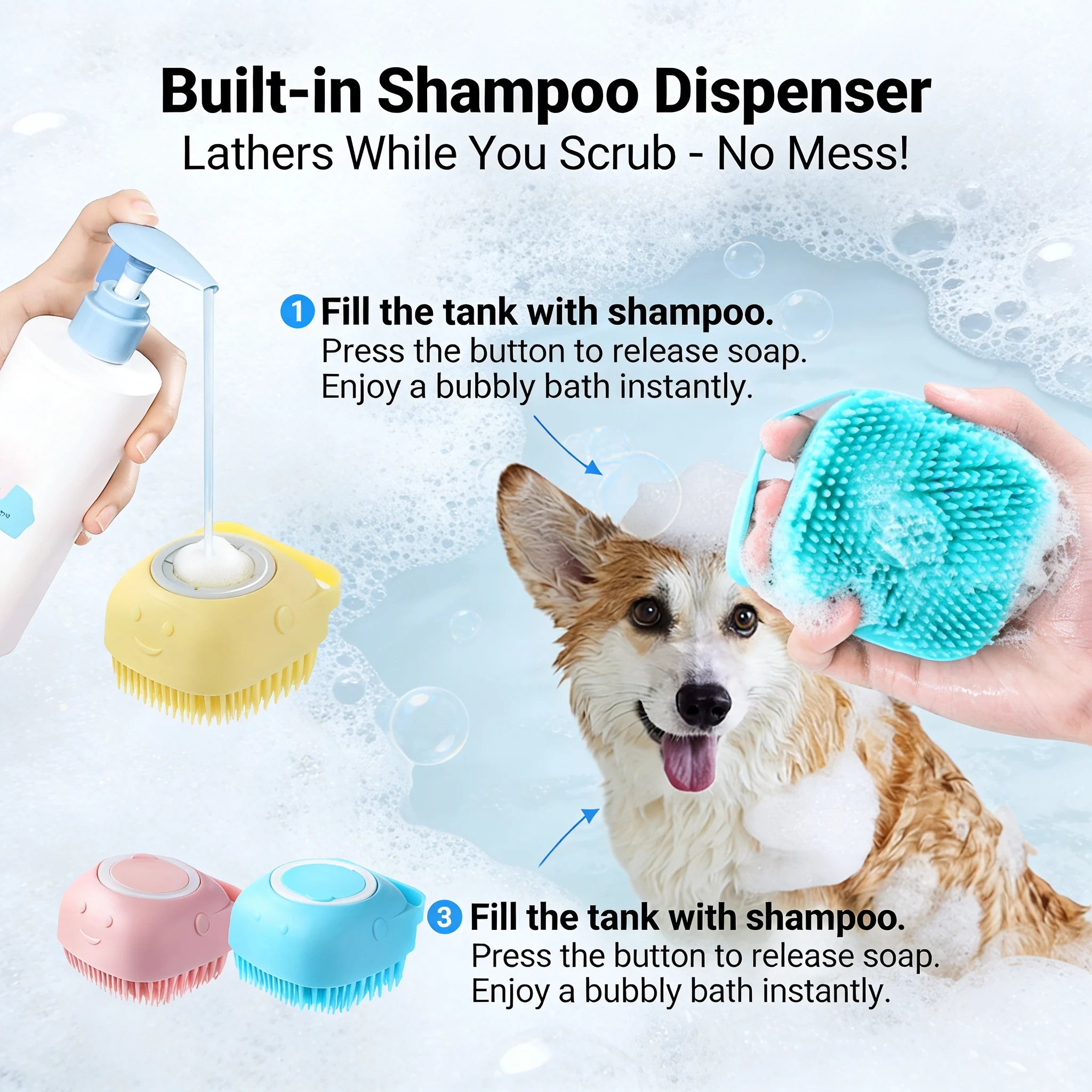 2-in-1 Pet Bath & Massage Brush – Silicone Grooming Tool with Shampoo Dispenser for Dogs & Cats
