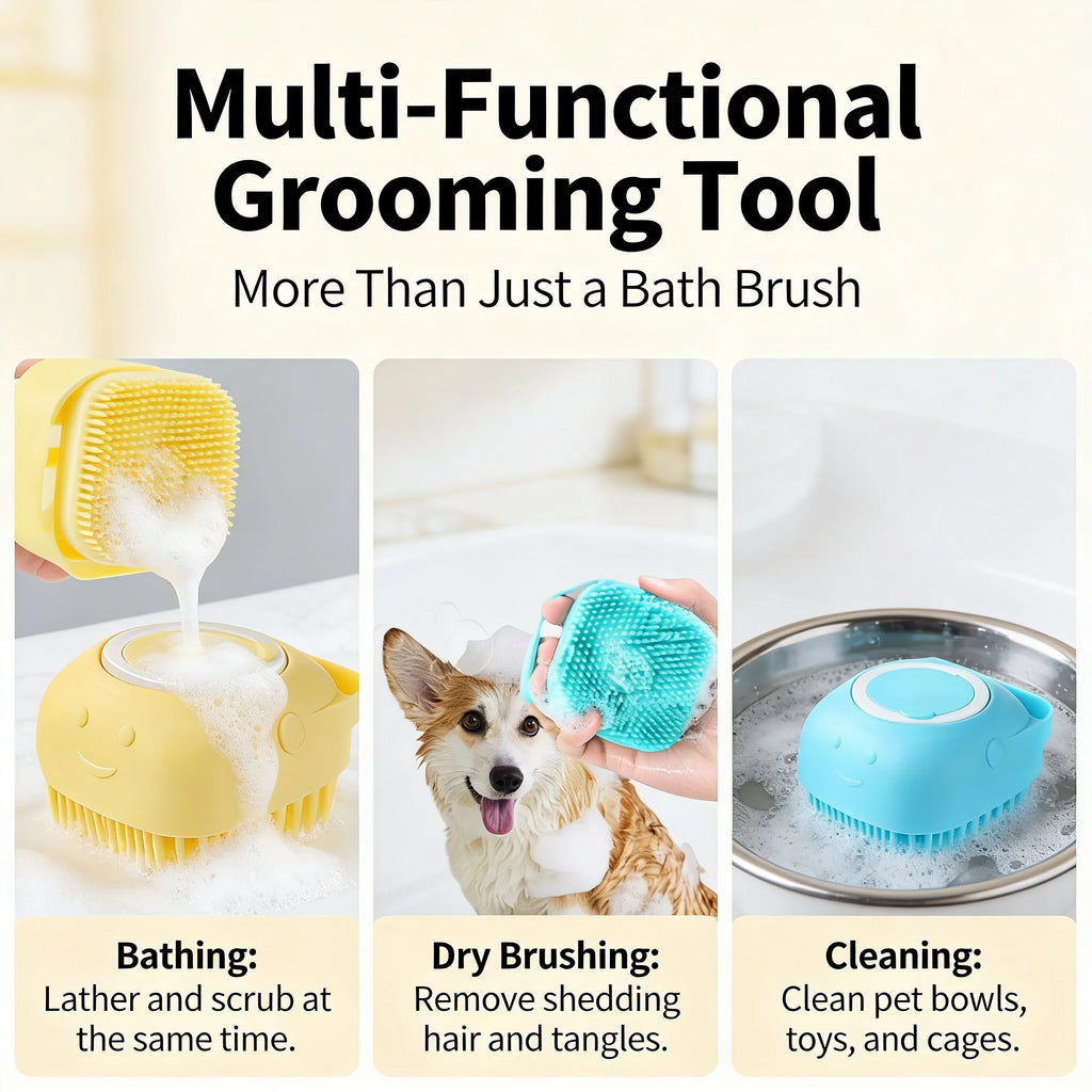 2-in-1 Pet Bath & Massage Brush – Silicone Grooming Tool with Shampoo Dispenser for Dogs & Cats